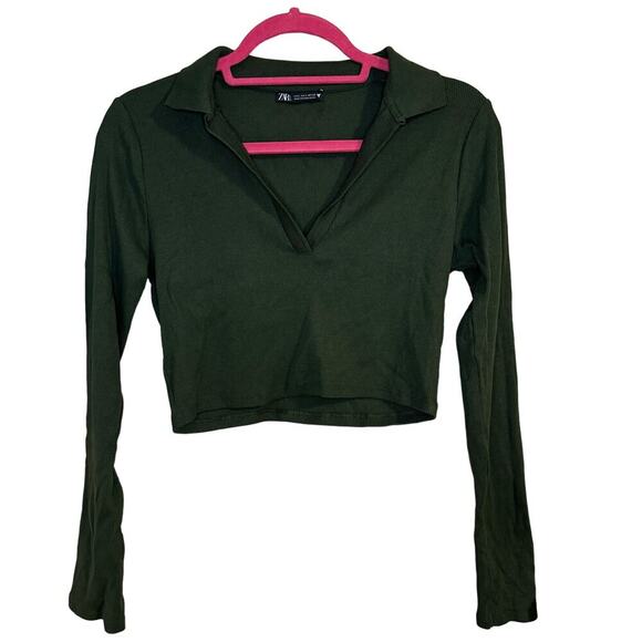 Zara Tops - Zara Dark Green Collared Ribbed Crop Top Size L